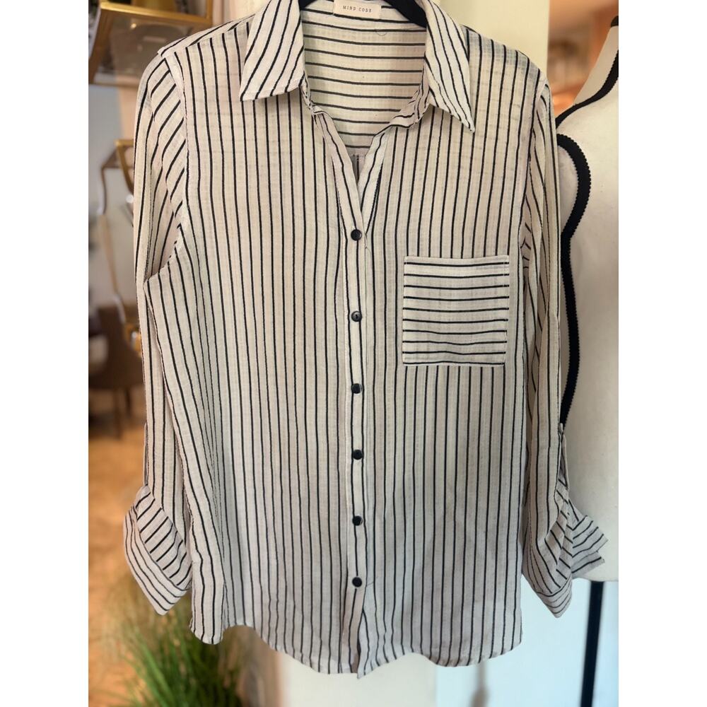 Mind Code Women's White/Black Striped Button Fron… - image 2